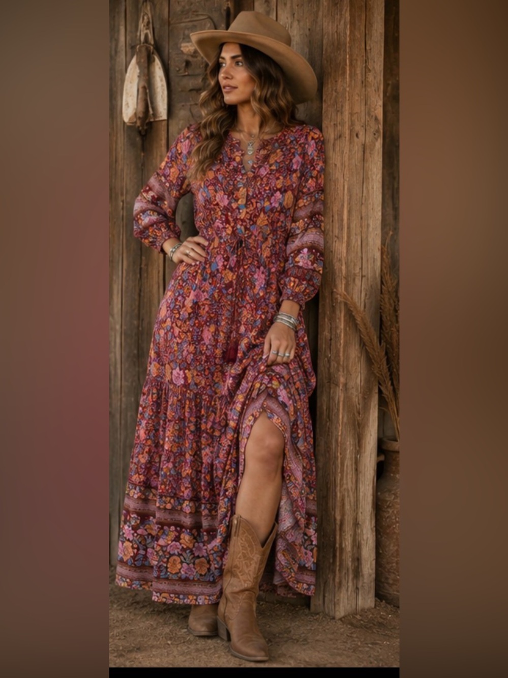 Easel Los Angeles Boho Floral Border Print Maxi Dress Western Romantic